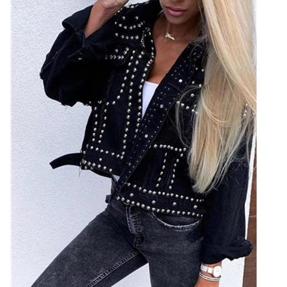 Black‎ Denim Studded Jean Jacket Distressed Western Embellished Trucker Jacket